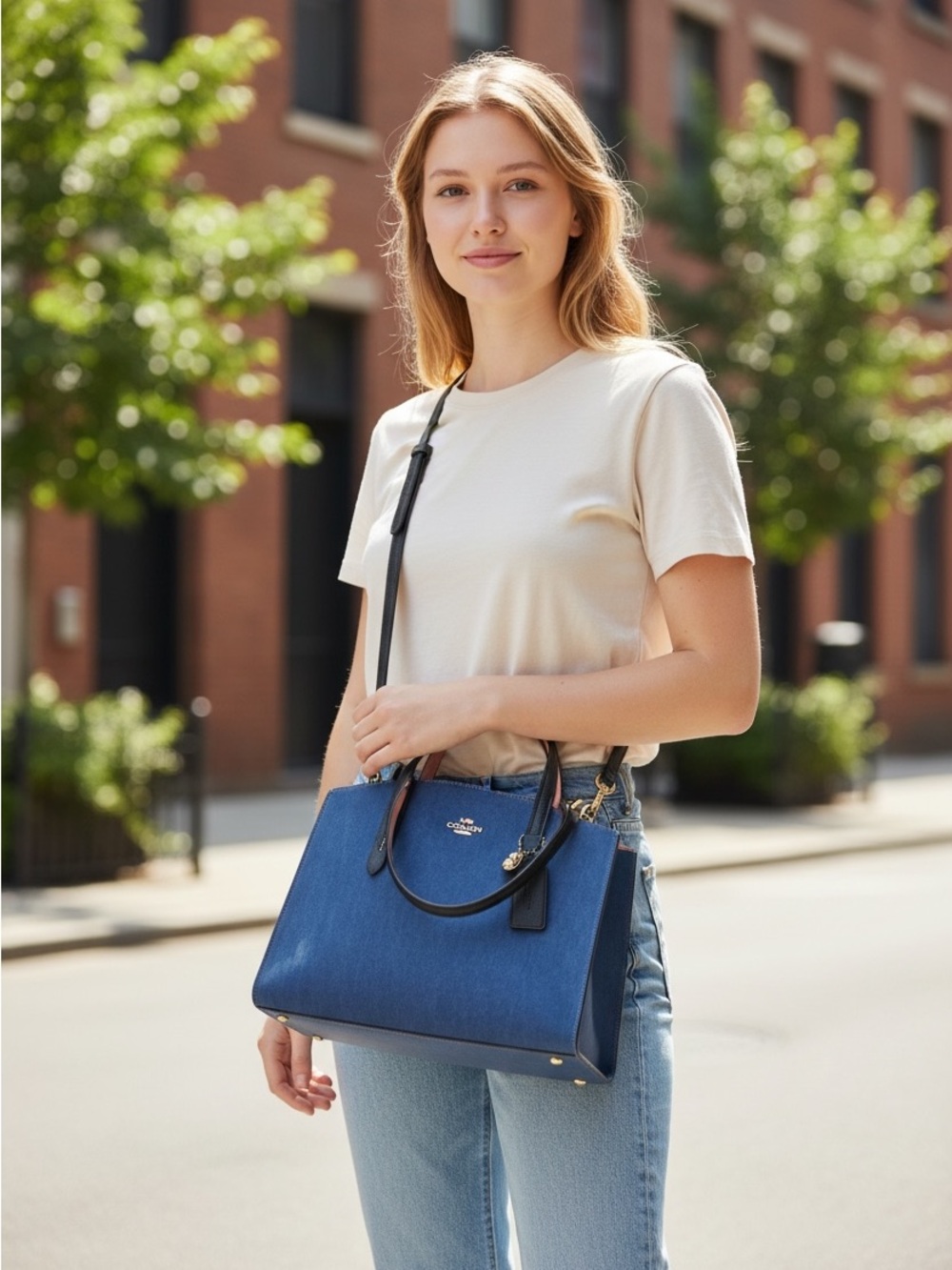 COACH Denim Blue Tote with Black Leather Straps - Picture 12 of 12